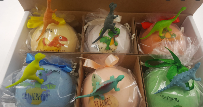 Venta al por mayor de juegos de fizzer para baño de huevos de dinosaurio, pedido de un cliente estadounidense